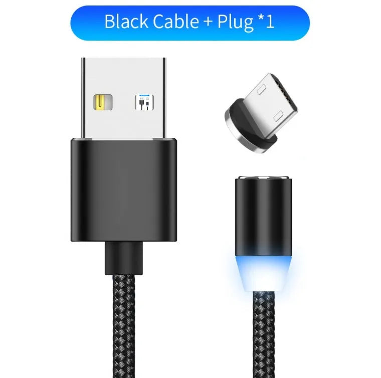 Black magnetic LED charging cable with aluminium shell and woven texture, showing LED light and connector.