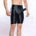 Men's plus size shiny nylon sports shorts in multiple colours on size chart.