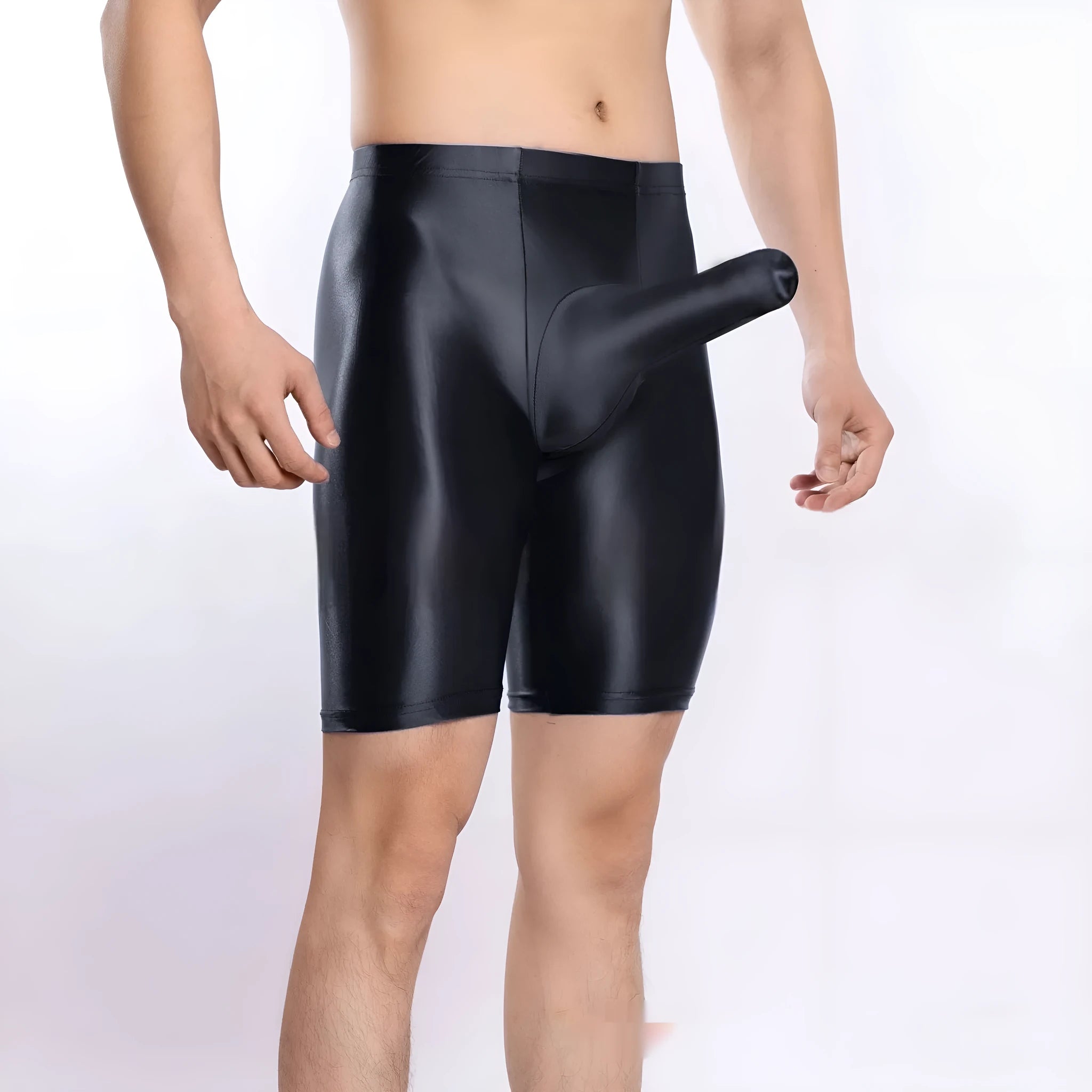 Men's plus size shiny nylon sports shorts in multiple colours on size chart.