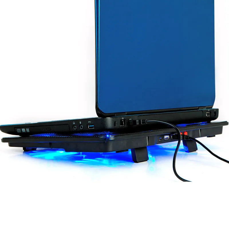 Naju N5 ultra-thin black notebook cooler with 1 large 14.5cm fan and 4 small 5.5cm fans, iron mesh panel, 38cm x 26cm x 2.3cm.