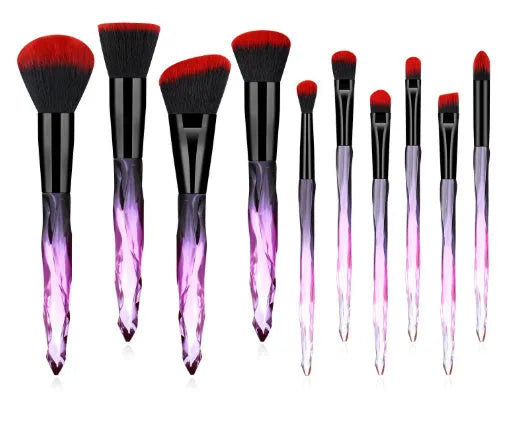 10 crystal handle foundation brushes with artificial fibre bristles in black, blue, red, and yellow colours