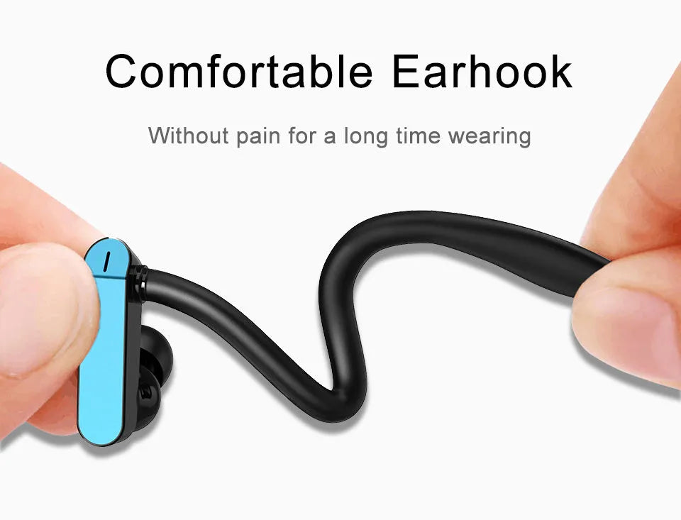 Sports earphones with flexible ear hook and silicone earbuds in black and blue colour, shown next to a mobile phone.