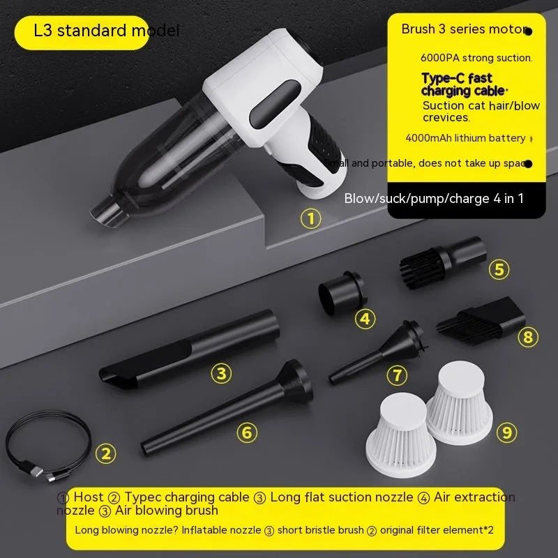Handheld car vacuum cleaner with nozzle attachments in black, white, or grey colours