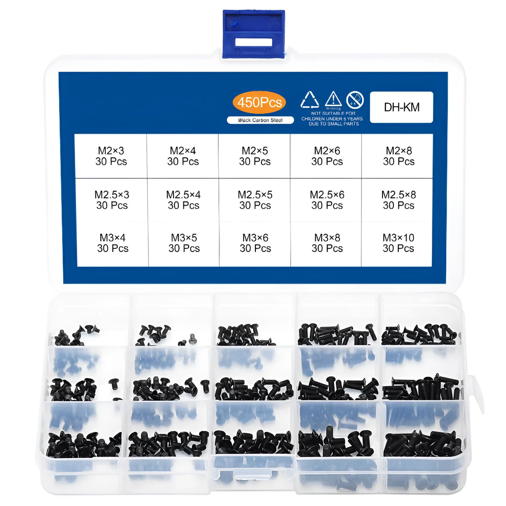 Box of black flat head machine screws for laptop repair in 450, 650, or 720 piece counts.