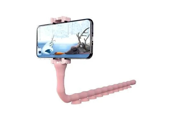 Black flexible rubber phone holder with suction cup extended to 62cm length on a desktop