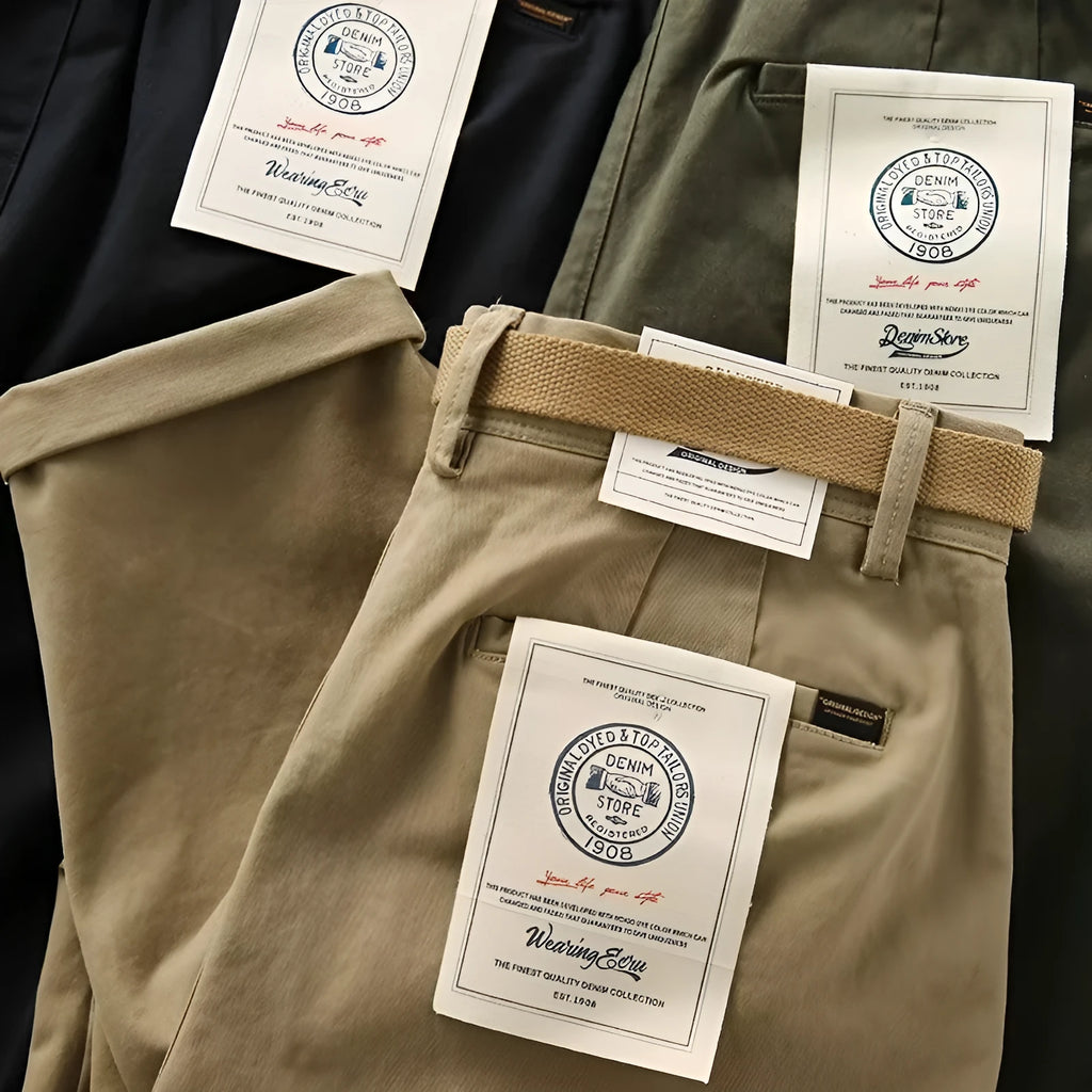 Men's Japanese leisure overalls straight loose fit cotton blend trousers in khaki with belt