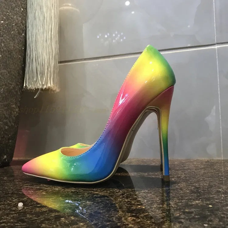 Rainbow multicolour patent leather women's high heels with pointed toe and thin ultra-high heel