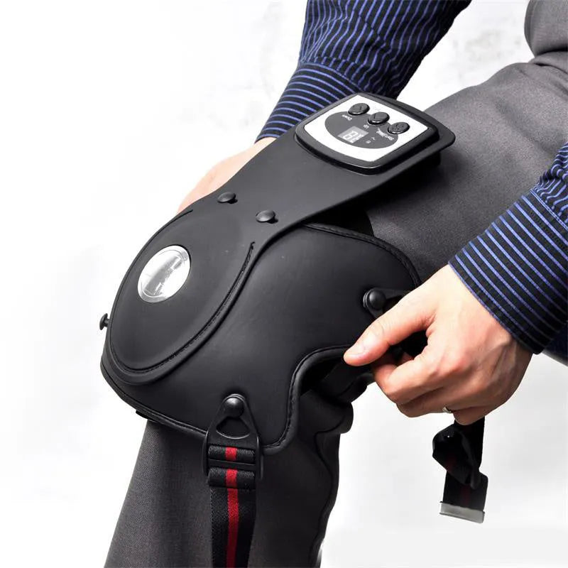 Portable infrared knee massager with adjustable heat control and shoulder pad attachment.