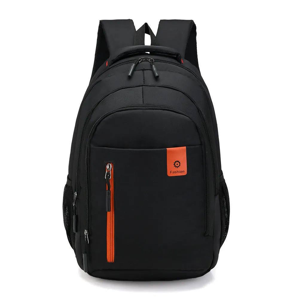 Blue Oxford fabric school backpack with padded black shoulder straps and side pockets.
