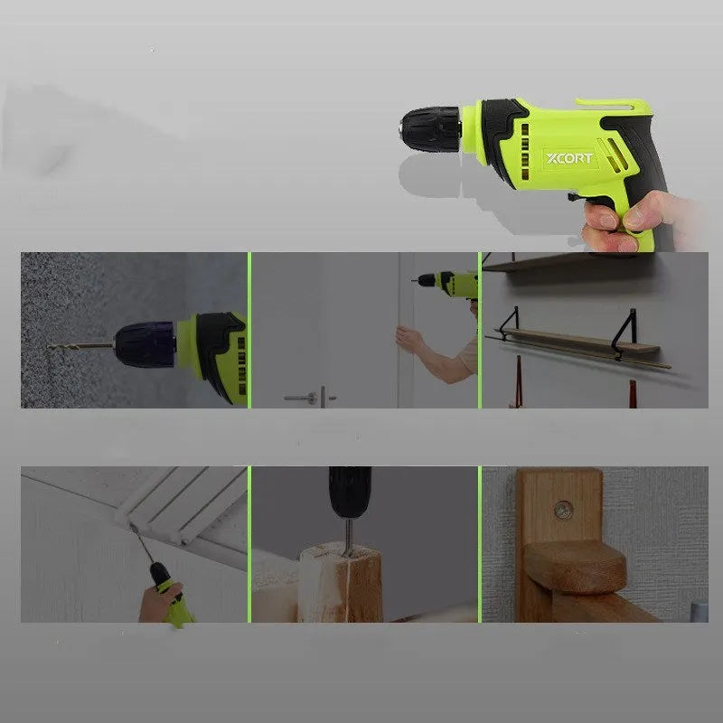 450 watt pistol-grip electric drill on a workbench, showing its compact size and keyless chuck.