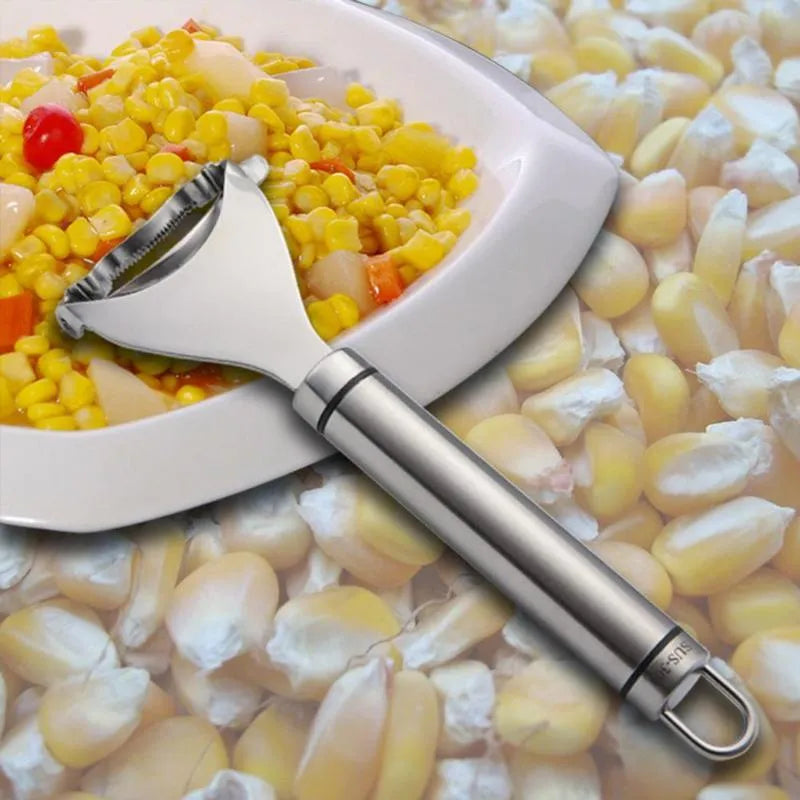 Stainless steel corn planer kitchen tool with serrated cutting edge for removing kernels