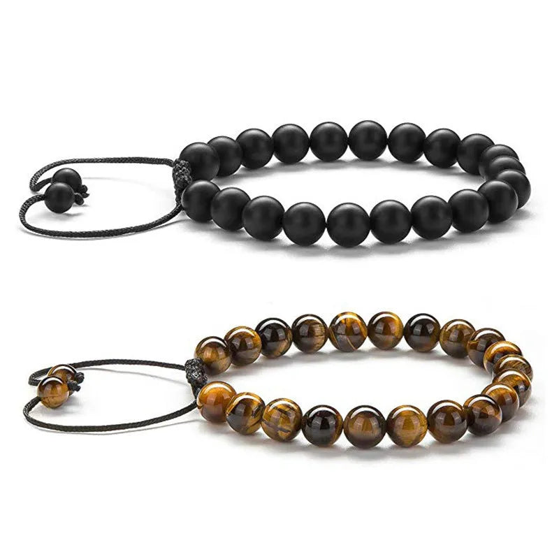 Geometric agate couple bracelets in tiger eye and matte black beads.