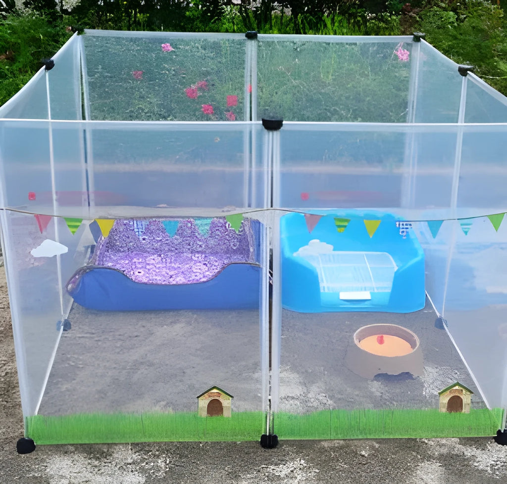 Pet transparent fence with six clear plastic panels arranged as a barrier on a wooden floor, showing interlocking connectors