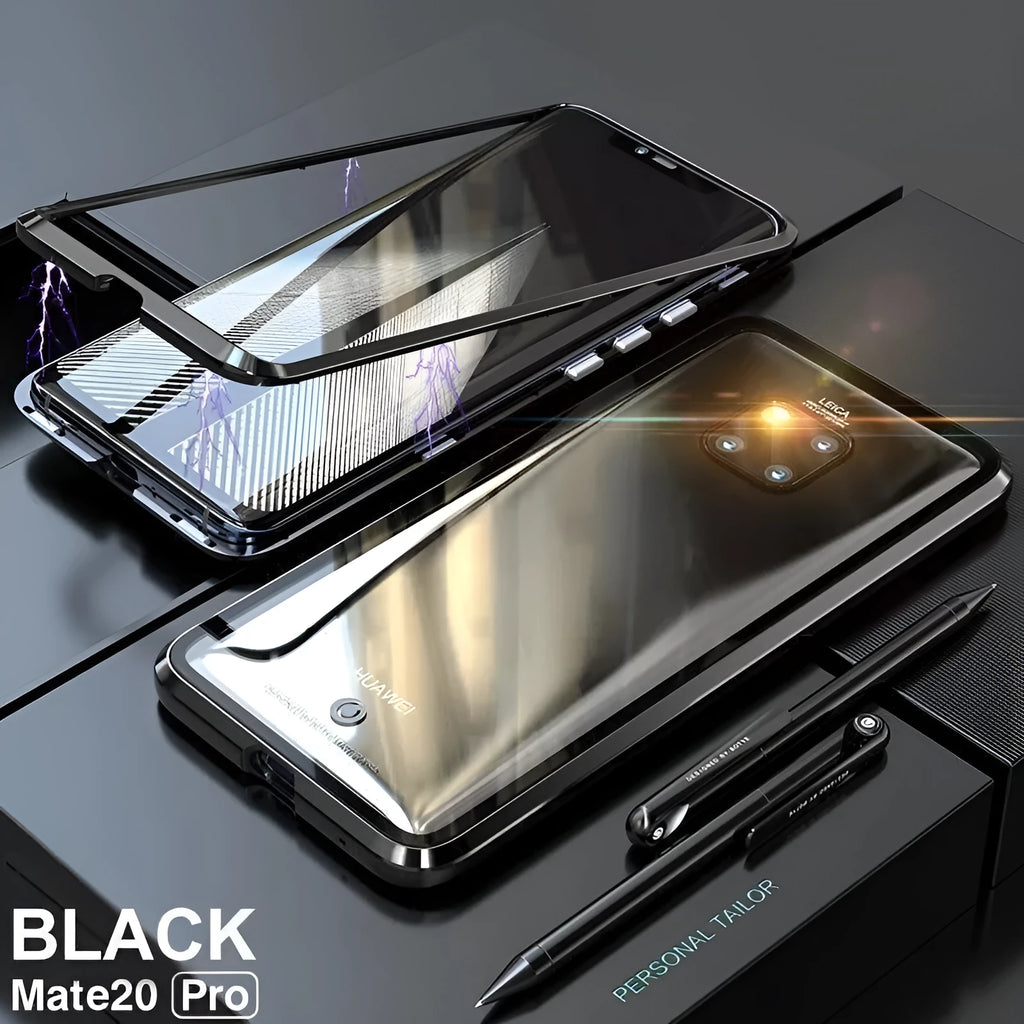 Black magnetic phone case with metal frame and glass back for Huawei smartphones.