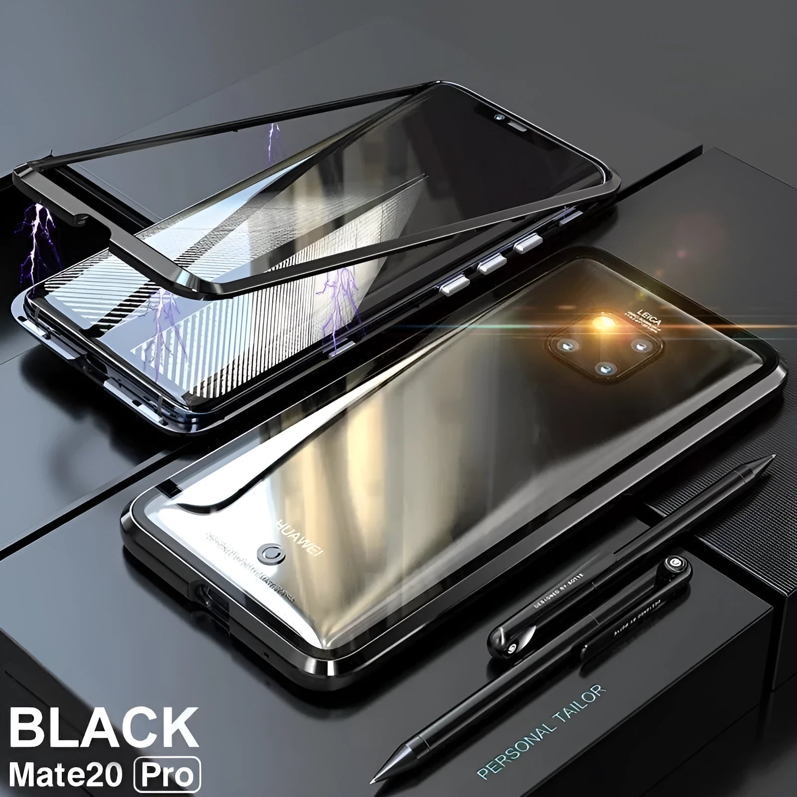 Black magnetic phone case with metal frame and glass back for Huawei smartphones.