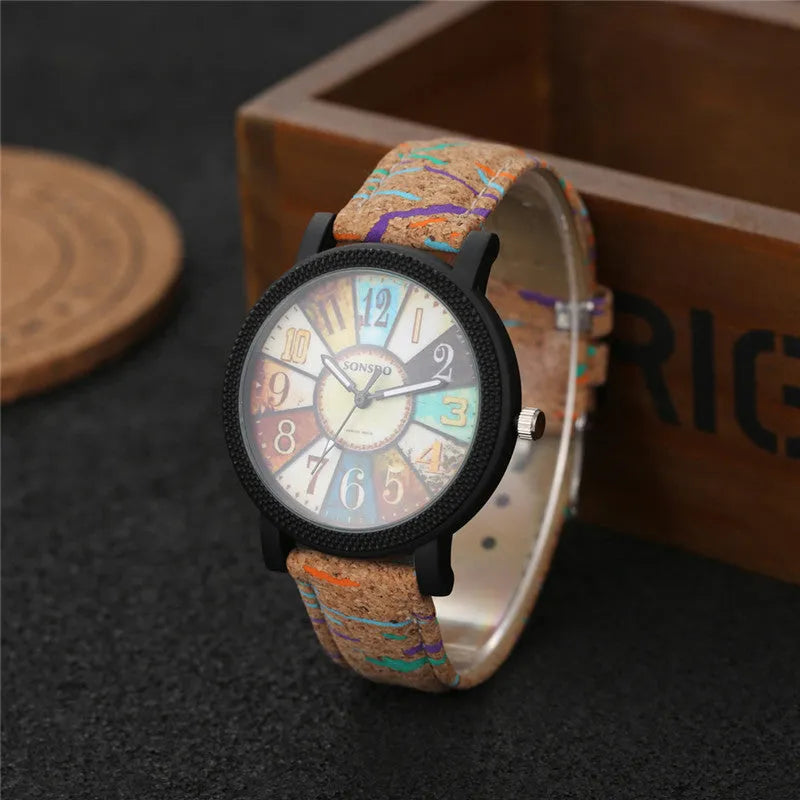 Women's vintage leather strap quartz watch with 37mm round dial and tempered glass crystal