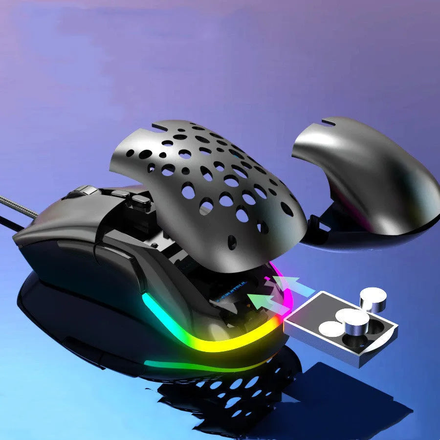 M88 hollow wired and wireless gaming mouse with perforated shell and USB cable on desk