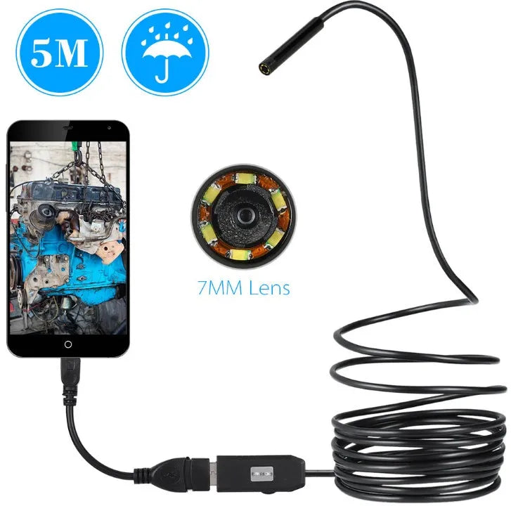 OWSOO USB endoscope camera with 5m cable, 7mm lens, LED lights, hook, magnet, and mirror for inspections