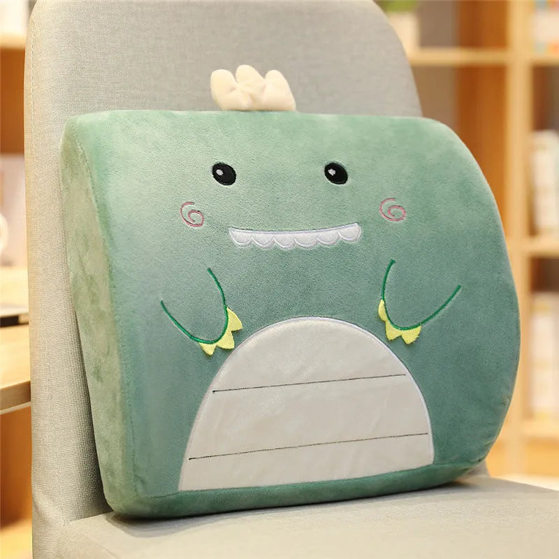 Cartoon memory foam seat cushion with removable cover, shown in Pink Unicorn design on an office chair.