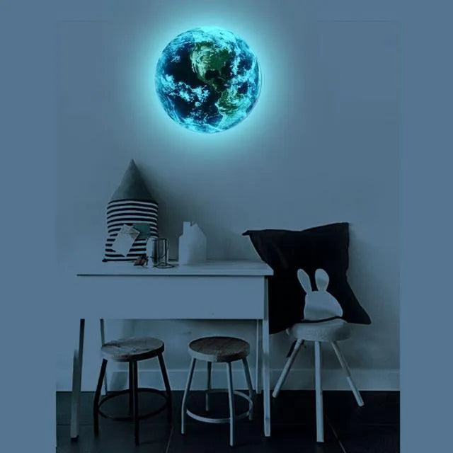 Glow in the dark 3D Earth planet wall sticker in various sizes on a wall