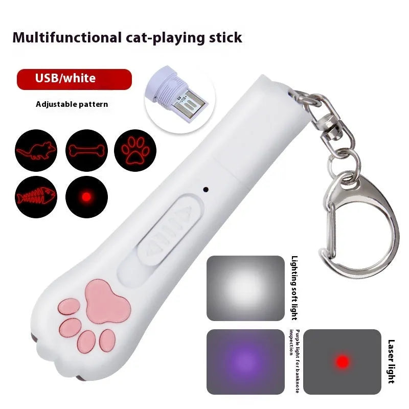 Handheld infrared cat laser toy projecting purple light patterns with colour options of blue, pink, purple, or white