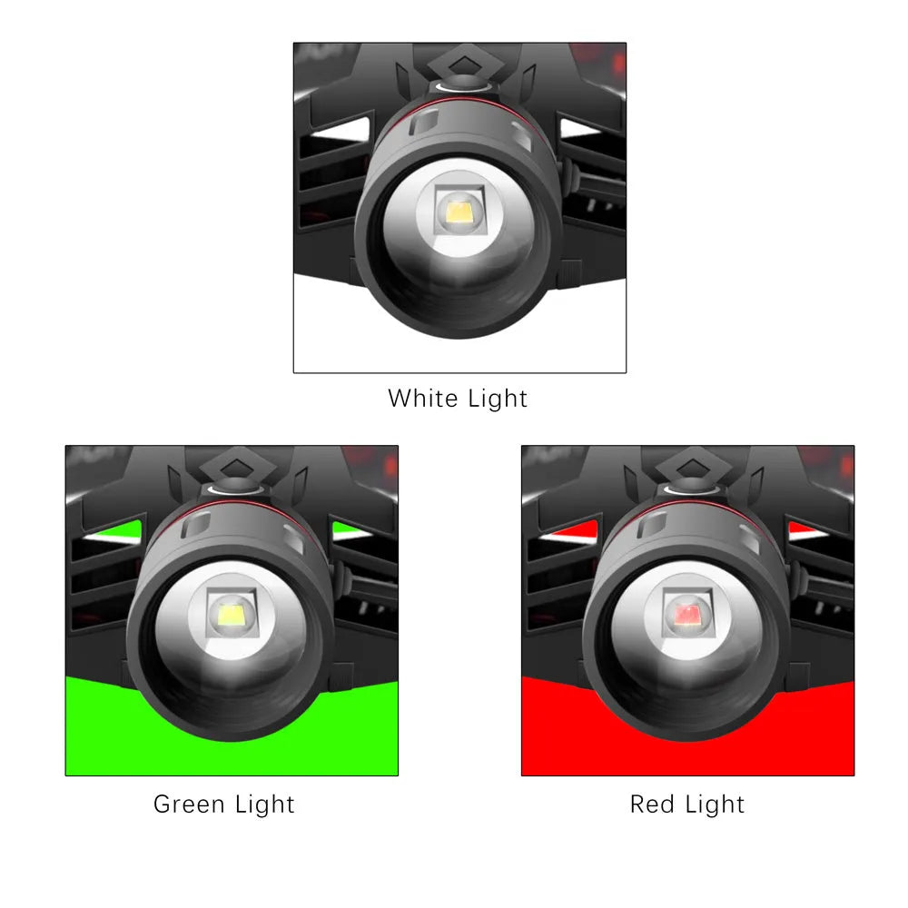 T6 LED zoom headlamp showing white, red, and green light modes on an adjustable headband.