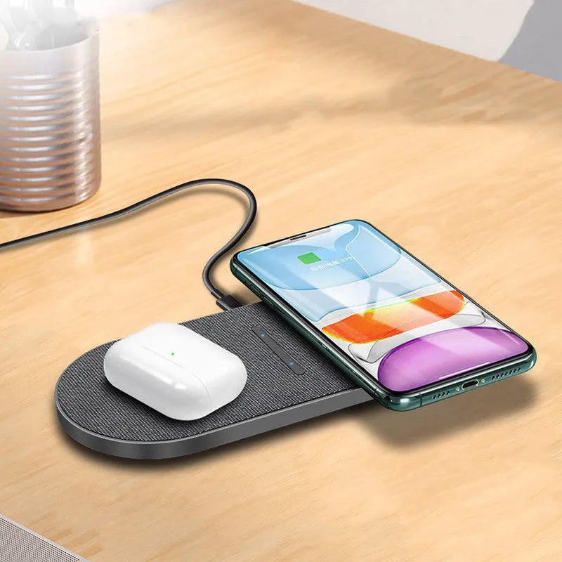Pair of black 10W wireless charging pads with LED indicators and Type-C ports