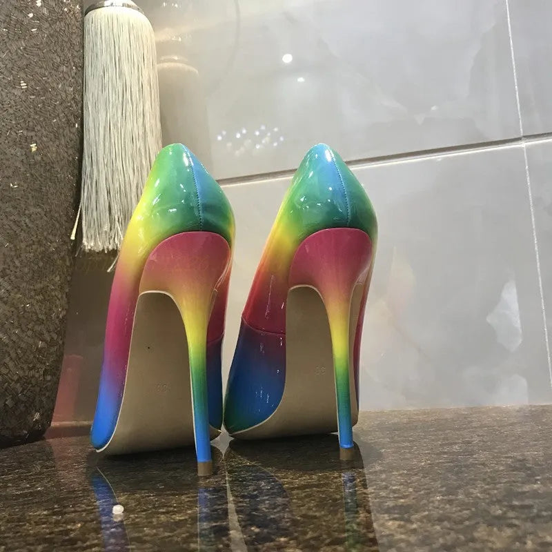 Rainbow multicolour patent leather women's high heels with pointed toe and thin ultra-high heel