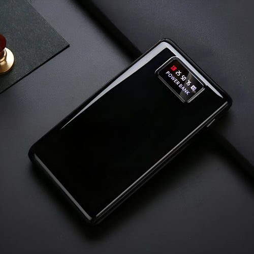 Black and white 18650 DIY power bank case showing battery slots and Type-C/Micro-USB ports.