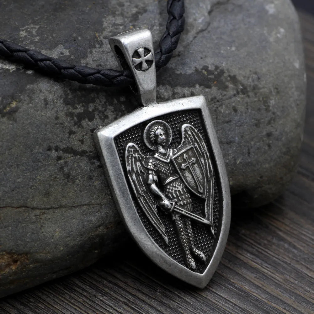 Saint Michael Archangel pendant necklace, alloy rope chain, 51cm to 80cm, ancient silver or ancient bronze