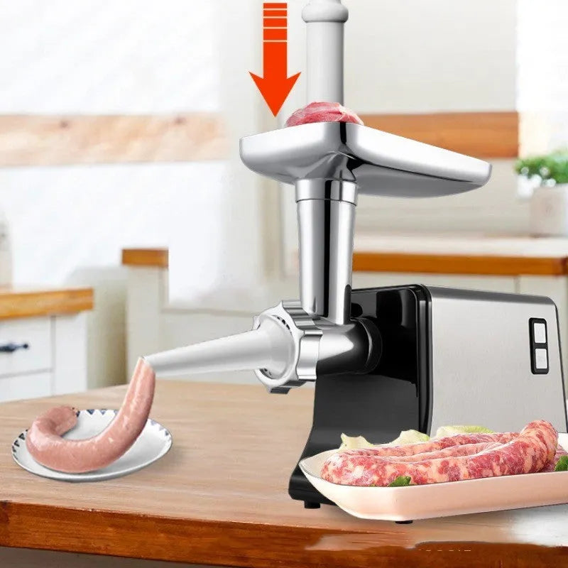 Silver meat grinder with double mixing blade on countertop, 33.5cm tall, aluminium tray and straight head visible