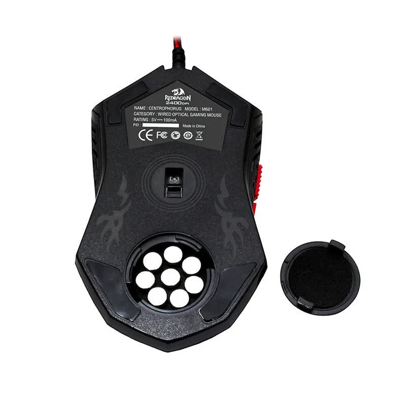Black and red USB wired optical gaming mouse with six buttons on a desktop mat.
