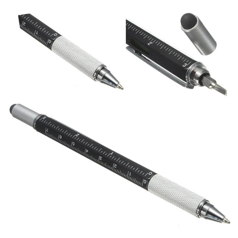 6 in 1 multi-function touch screen stylus ballpoint pen with screwdriver tips and spirit level in black