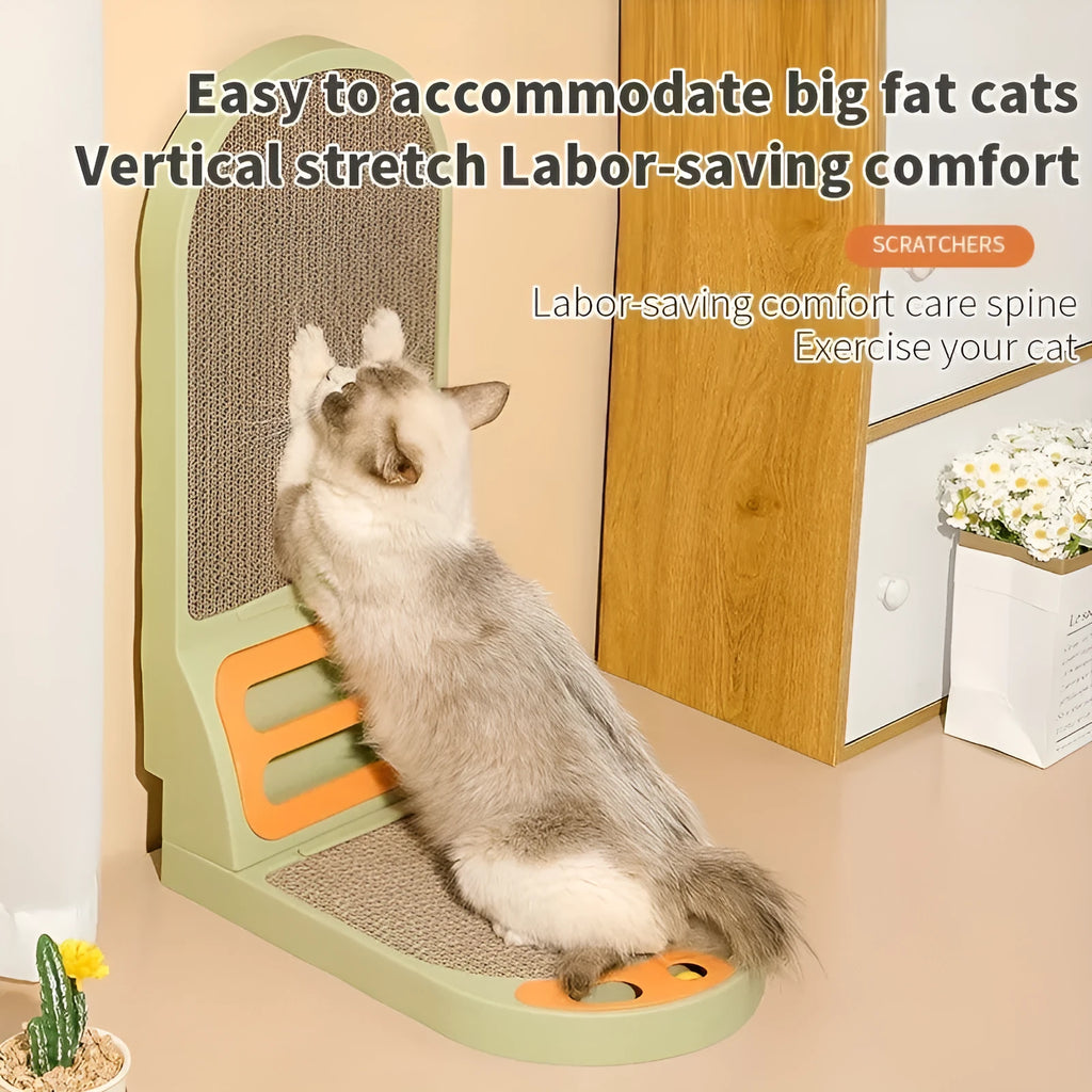 Grey L-shaped vertical cat scratching board made of thick corrugated cardboard on a floor.