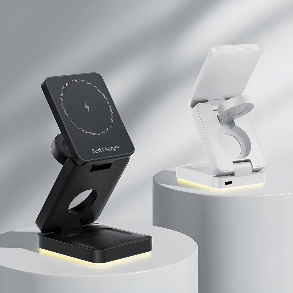 Three-in-one folding magnetic wireless charger in black with USB cable
