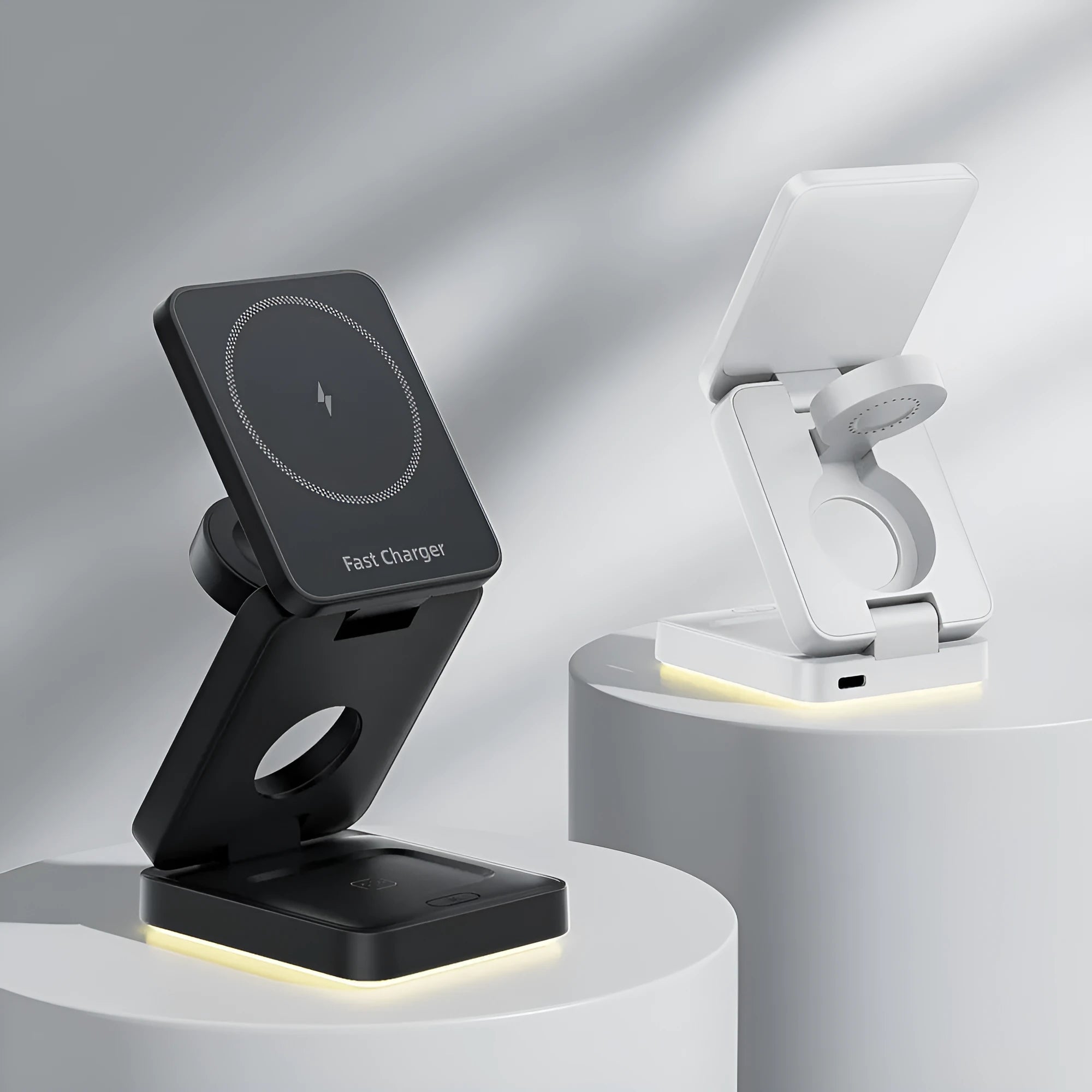 Three-in-one folding magnetic wireless charger in black with USB cable