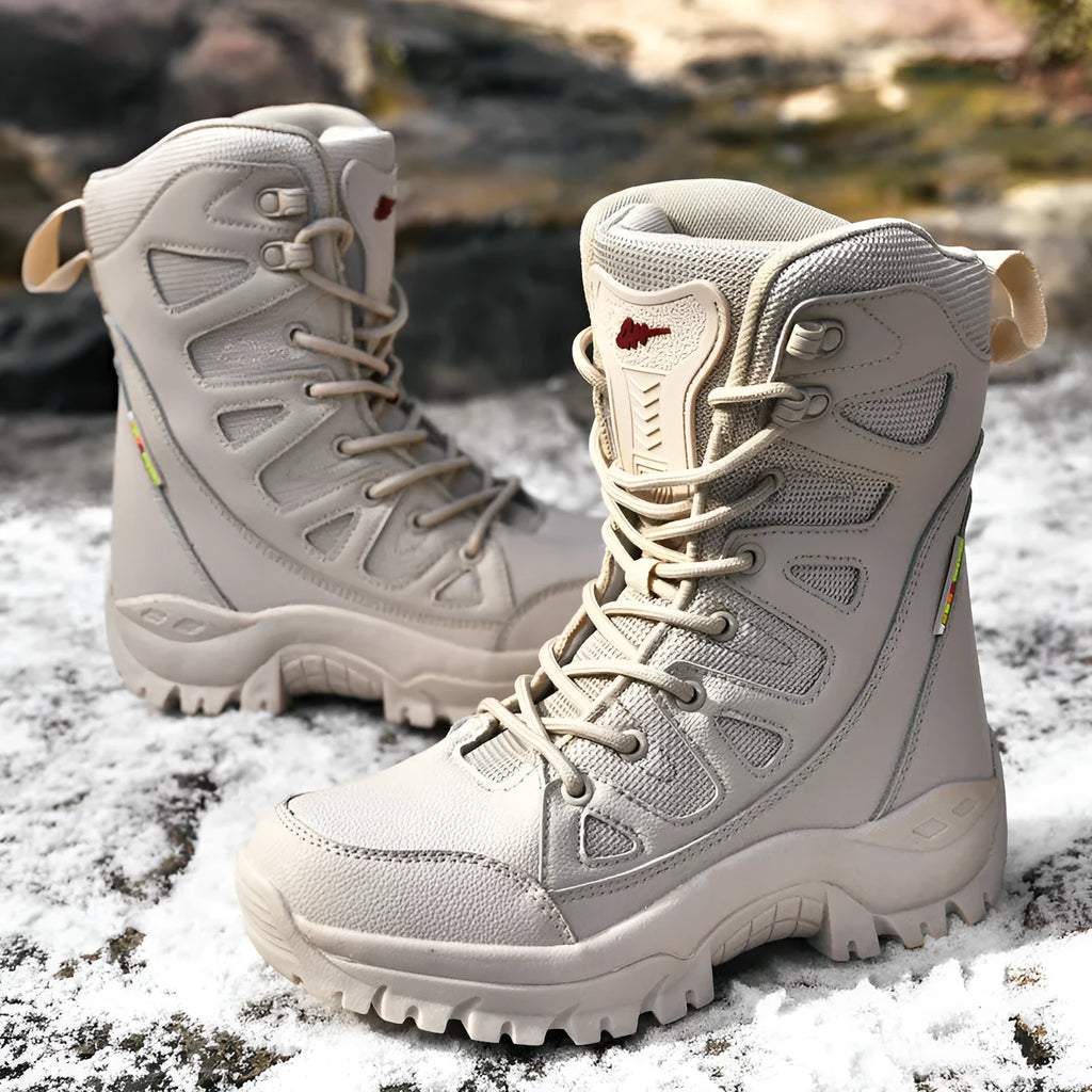 Cowhide leather hi-top hiking shoes in beige, black, and brown colours