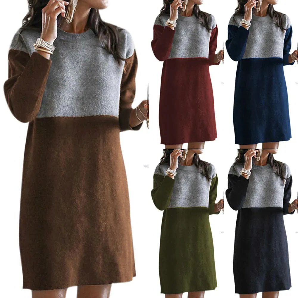 Brown women's patchwork skirt dress with long sleeves and round neck in polar fleece fabric