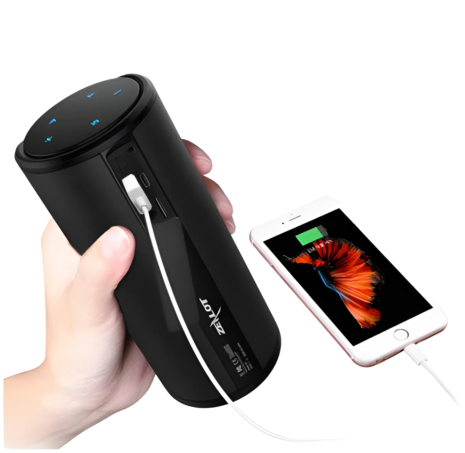 Black Bluetooth speaker with control buttons showing dimensions 72mm x 72mm x 170mm
