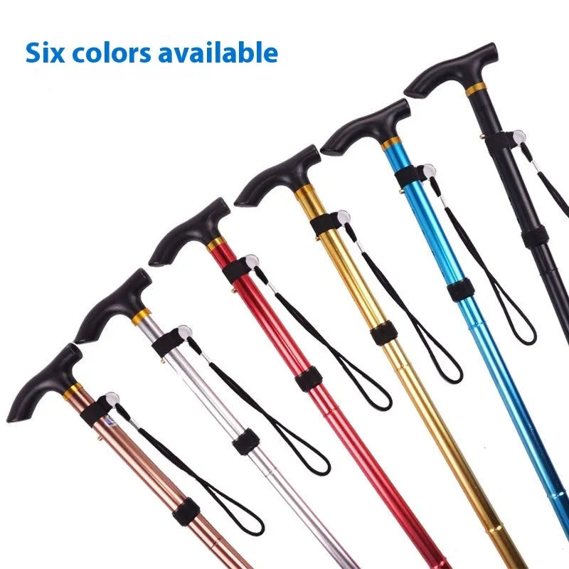 Adjustable aluminium folding walking cane extended, showing anti-slip handle and rubber tip.