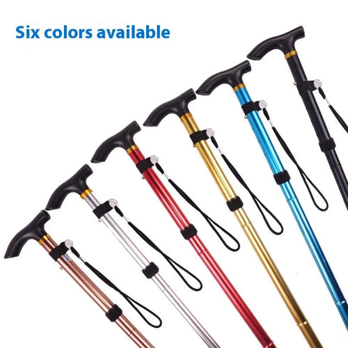 Adjustable aluminium folding walking cane extended, showing anti-slip handle and rubber tip.