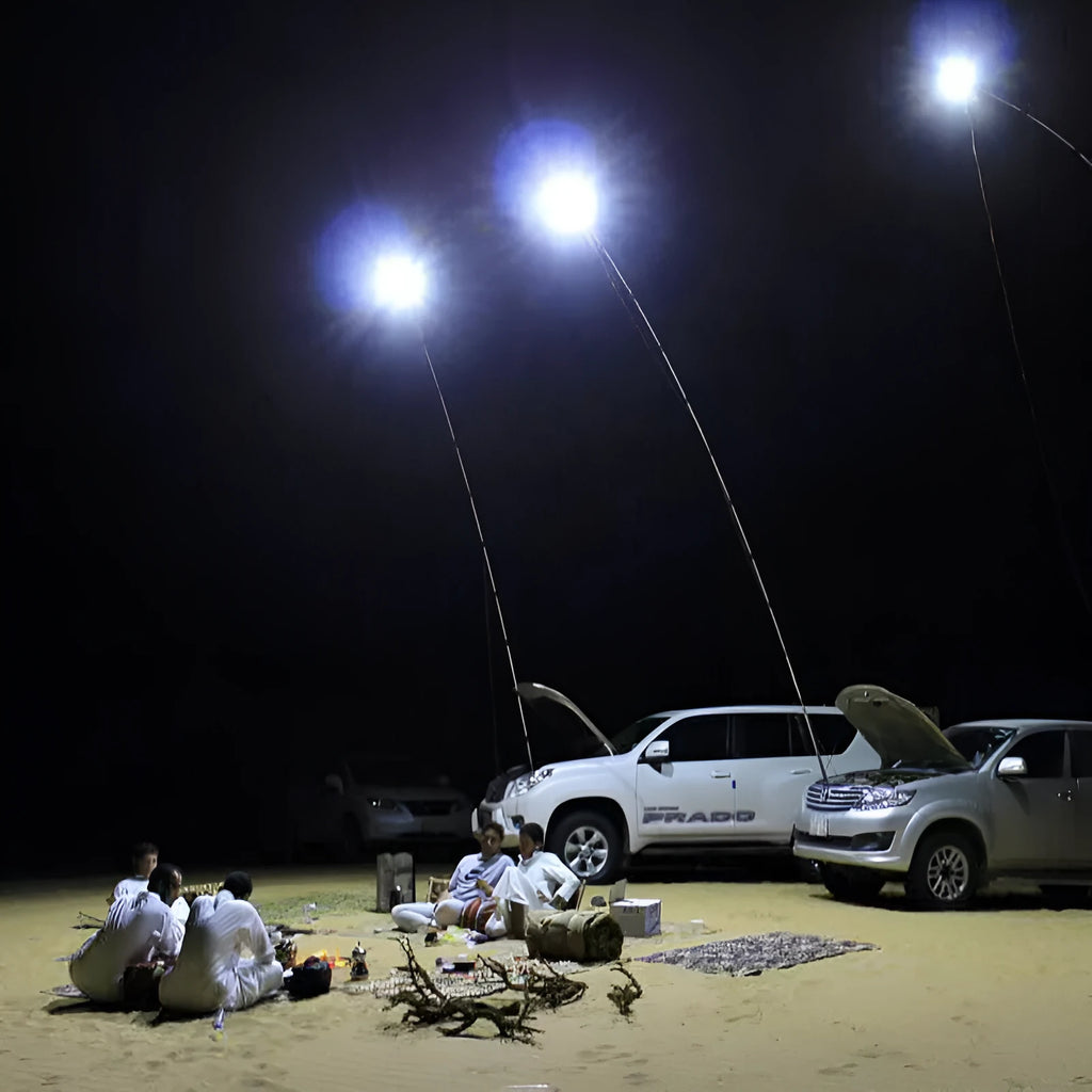 White LED fishing rod light on a telescopic pole with a remote control, dimensions 120 by 95 mm.