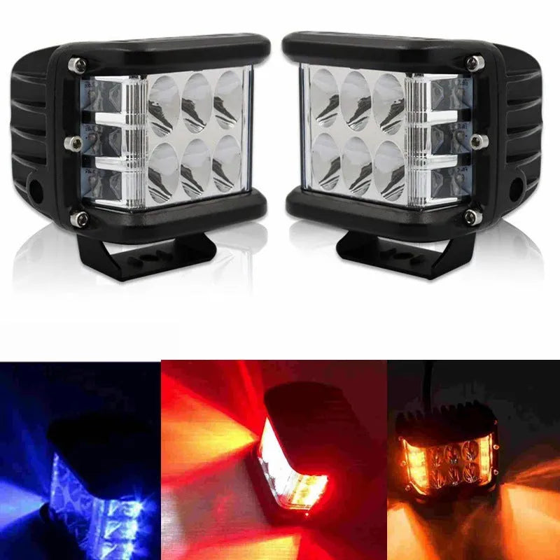 45W LED work light with aluminium alloy housing, 7800LM output, 12-24V voltage and three-sided two-colour yellow design