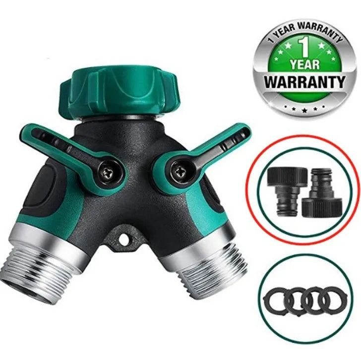 Green plastic Y type double-pass garden hose splitter with two outlets and brass-coloured inlet