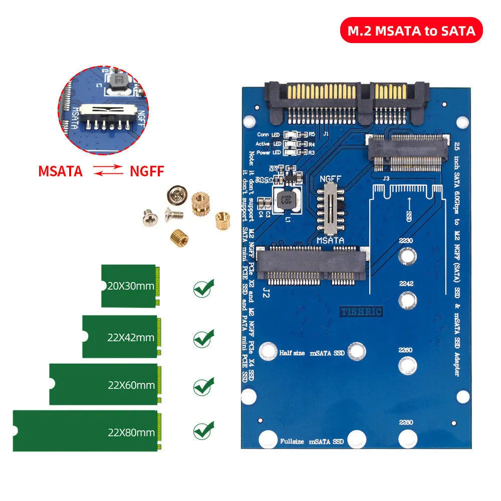 Black and blue SATA3 to M.2 NGFF MSATA SSD adapter card on a white background.