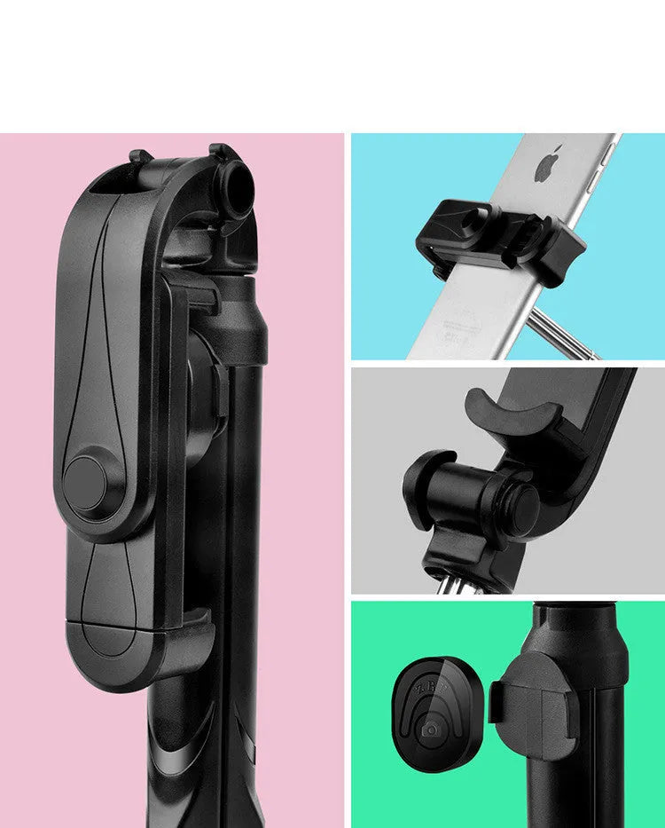 Compact black aluminium Bluetooth selfie stick with integrated tripod legs and a 360-degree rotating phone clip.