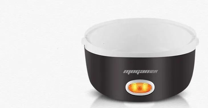 White 2L capacity rice cooker with stainless steel pot on a kitchen countertop
