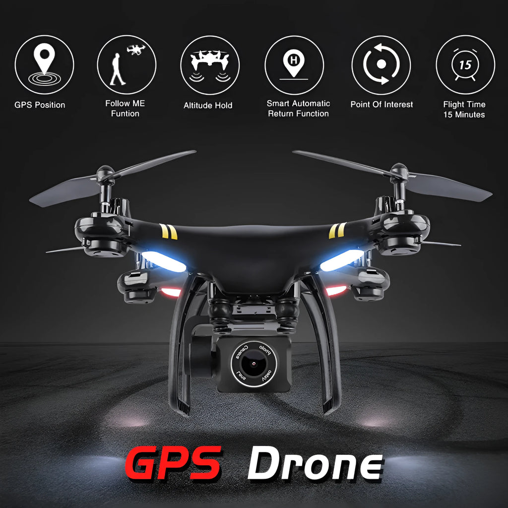 Black 5G GPS camera drone with four rotor arms and high-definition lens on a white background
