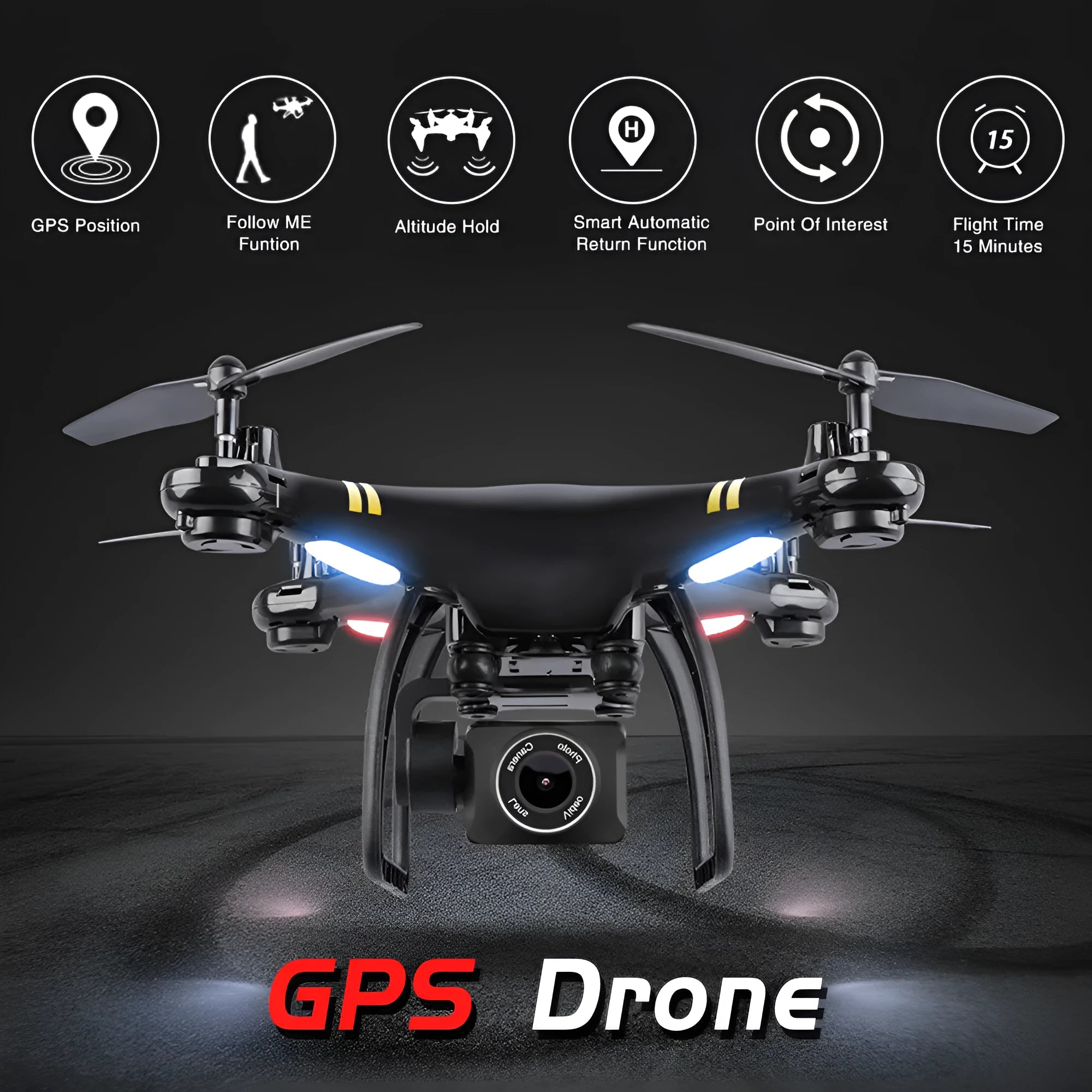Black 5G GPS camera drone with four rotor arms and high-definition lens on a white background