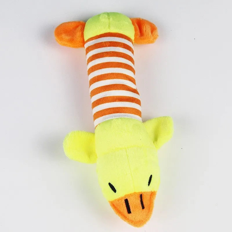 Plush dog chew toy in six designs: pink ice cream, blue ice cream, yellow pizza, pink striped pig, yellow striped duck, grey striped elephant.